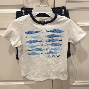 Armani Junior White Tee with Blue Fish Design